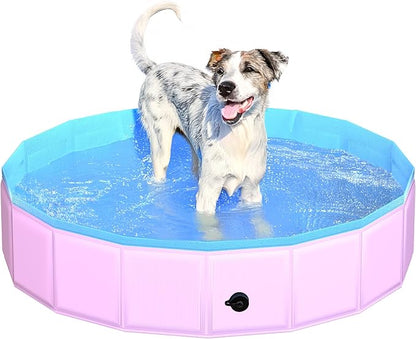 2025 Updated Foldable Dog Pool, 39.5" x 12" Kiddie Pool with Hard Plastic, Non-Slip Dog Bath Tub for Outdoor Backyard, Collapsible Dog Swimming Pool for Kids Dogs Pets (Pink)