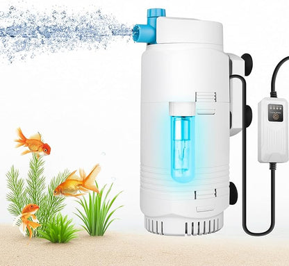 Aquarium Filter with U-V Light & Timer for 4–40 Gallon Fish Tanks, Submersible Internal Filter with Flow Control, Sponge Filtration & Aeration, Quiet Power Pump for Freshwater Saltwater Tanks