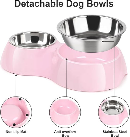 Elevated Dog Bowls Set - Non-Slip Raised Pet Feeder with Medium (10 oz) & Large (20 oz) Stainless Steel Bowls - Includes Durable Resin Stand for Puppies, Adult Dogs & Cats - Pink