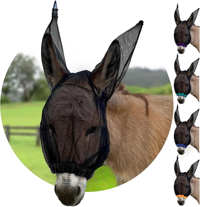 Donkey Fly Mask with Long Ears (Black) Made in USA - Mule Fly Mask with Ears Protection from Insects and Bugs, Small Donkey Soft Mesh Fabric with Adjustable Fastener, Face Cover Supplies for Donkeys