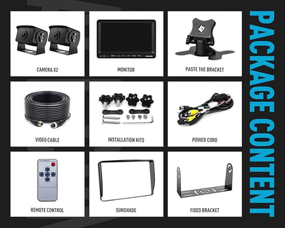 Fookoo Ⅱ 7" HD 1080P Wired Backup Camera System, 7-inch Dual Split Screen Monitor W/Recording IP69 Waterproof Front View Rear View Camera Parking Lines for Truck/Trailer/RV/Skid Steer (FHD2)