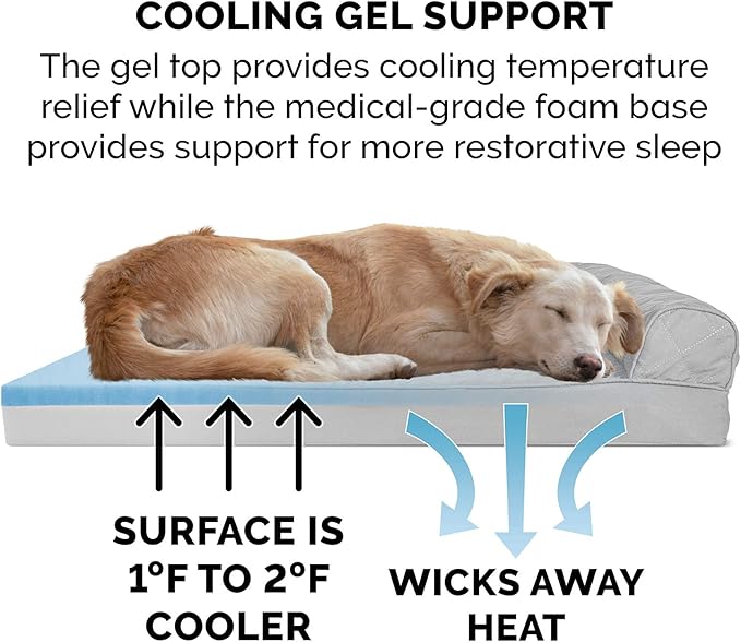 Furhaven Cooling Gel Dog Bed for Large Dogs w/ Removable Bolsters & Washable Cover, For Dogs Up to 125 lbs - Quilted Sofa - Silver Gray, Jumbo Plus/XXL