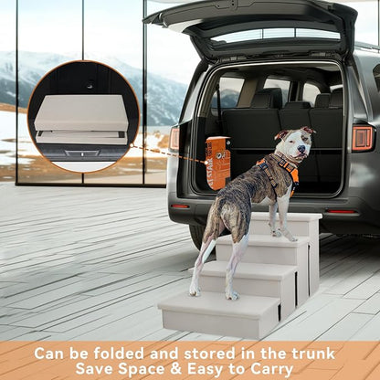Dog Stairs with Condo 23" H, 4-Step Wider Folding Storage Pet Stairs Gift for Small/Medium/Large Old Dogs Cats, Dog Steps for High Beds Window, Ramp for Climbing Car Up to 200 lbs, Beige