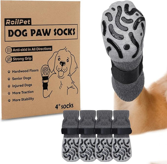 Double Sides Non-Slip Dog Socks to Prevent Licking Paws - Strong Traction for Hardwood Floors, Senior Dogs, Paw Protector, Dog Socks with Grippers - Size Medium