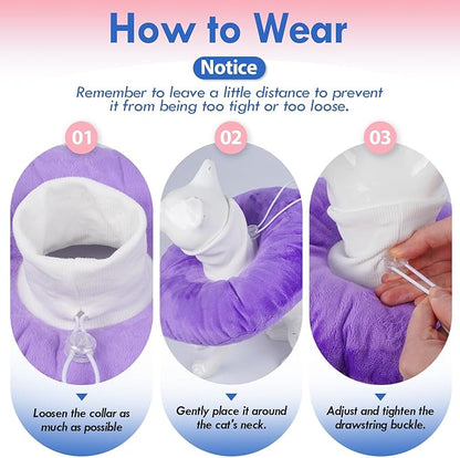Adjustable Cat Neck Cone, Comfortable Elizabethan Recovery Collar After Surgery to Prevent Licking Wound, Ideal for Skin Disease, Deworming, Protective Pet Cone, Purple Medium