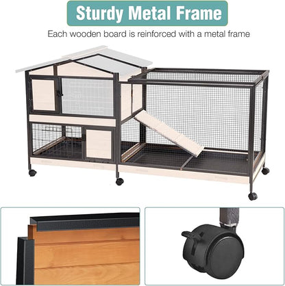 2-Story Rabbit Cage with Chew-Proof Metal Frame for Indoor/Outdoor - 62" Bunny Hutch Guinea Pig Cages with 6 Locking Wheels & 2 Removable Trays for Rabbits/Guinea Pigs