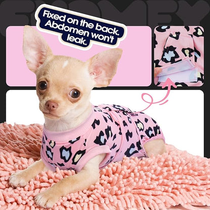 FUAMEY Recovery Suit for Dogs After Surgery,Soft Breathable Dog Bodysuit E-Collar & Cone Alternative Surgical Suit,Male Female Dog Neuter Spay Suits Anti Licking Wounds Onesie Pink Leopard XS