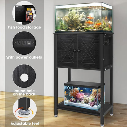 5-10 Gallon Fish Tank Stand, Heavy Duty Aquarium Stand with Cabinet & Power Outlets for Fish Tank Accessories Storage, Double Tank Stand 20.5" L* 11" W Tabletop, 220LBS Capacity Black