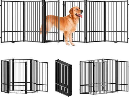 Full Metal Freestanding Dog Gate with Door, 36''Height Foldable Pet Dog Fence for Indoor & Outdoor, 6 Panels Extra Wide Free Standing TallDog Gates for Doorways,House,Stairs,Porch,Deck,Yard