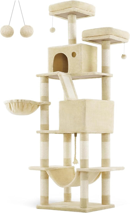 Feandrea Cat Tree, 81.1-Inch Large Cat Tower with 13 Scratching Posts, 2 Perches, 2 Caves, Basket, Hammock, Pompoms, Multi-Level Plush Cat Condo for Indoor Cats, Beige UPCT190M01