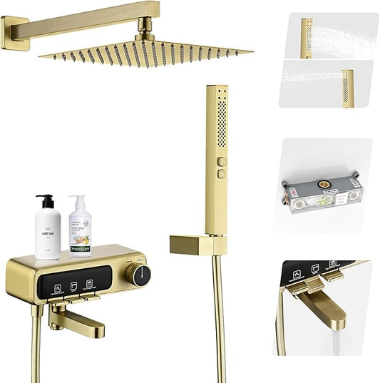 10" Square Rainfall Bathtub and Shower Trim Systems with Rotating Handheld Sprayer, Foldable Tub Spout, Wall-Mounted, Solid Brass Valve with Shampoo Platform- Brushed Gold (Square, Brushed Gold)