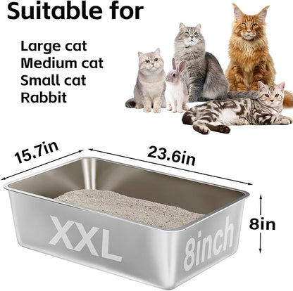 2 Pack Stainless Steel Litter Box-XXL Metal Litter Box for Big Cats 8IN Deep, Cat LitterBox-Pet Toilet Easy to Clean,High Sided Cat Litters Boxes Adult Cats,Non Stick, No Smell