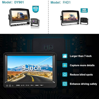 Fookoo Ⅱ HD Backup Camera System Kit, 9" 1080P Reversing Monitor+IP69 Waterproof Rear View Camera, Sharp CCD Chip, 100% Not Wash Up, Truck/Semi Trailer/Box Truck/RV (DY901-Wired)