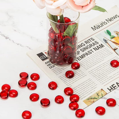 FUTUREPLUSX 1LB Red Glass Beads, Flat Glass Marbles Burgundy Pebbles Marbles for Vases Decorative Red Colored Gemstones Fish Tank Table Scatter Decor Art Craft