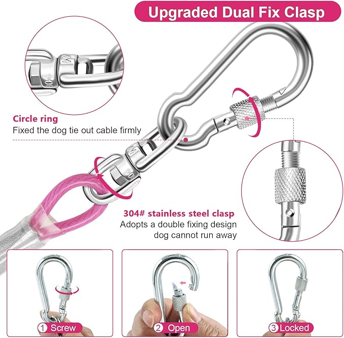 Dog Tie Out Cable for Outside,20FT Long Dog Leash&Chains with Swivel Hook,Small-Large Dogs Runner Cable for Yard,Heavy Duty Dogs Lead Line for Outdoor and Camping (500lbs 20FT, Pink)