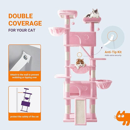 Allewie 81 Inches Tall Cat Tree/Multi-Level Large Climbing Tree House and Towers for Big Feline/Condo and Hammock/Scratching Post/Wide Base/Pink