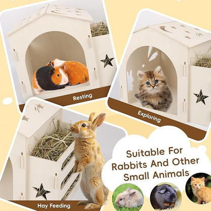 Extra Large Rabbit House & Rabbit Hay Feeder, Indoor Bunny Hideout with Feeder, Small Animal Houses & Habitats and Guinea Pig Hay Feeder