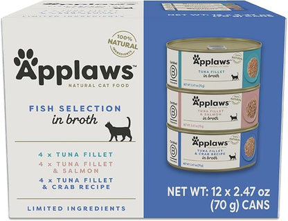 Applaws Natural Wet Canned Cat Food, Made with Limited and Natural Ingredients, Real Protein with No Artificial Additives, Fish Selection Variety Pack in Broth (12 x 2.47oz Cans)