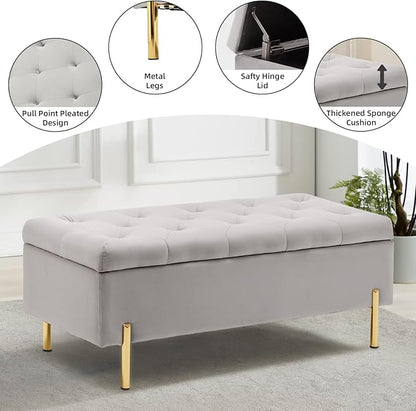 45.6 Inch Velvet Storage Bench, Tufted Upholstered Ottoman with Storage, Bedroom Living Room Entryway Rectangular Accent Bench, Grey