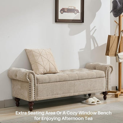 58.1'' Storage Bench Upholstered Chenille End of Bedroom Bed Bench Ottoman with Tufted Cushioned Rolled Arm Large Storage Space for Reading Living Room Entryway, Light Brown