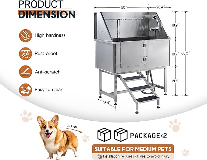 Albott 50-Inch Stainless Steel Dog Washing Station with Anti-Slip Steps, Sprayer, Faucet, and Soap Box – Professional Pet Bathtub for Medium/Small Pets, Ideal for Home, Garage, and Grooming(Left)