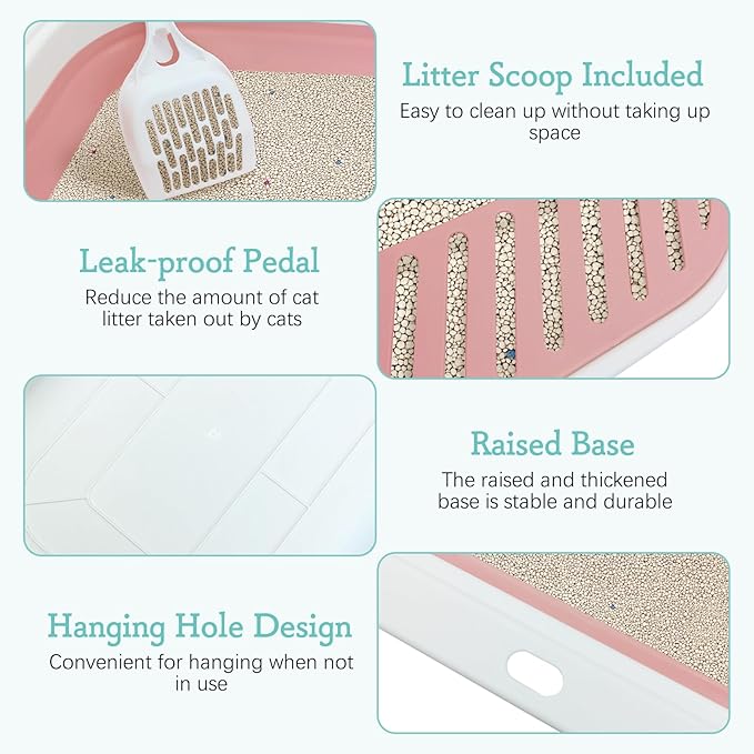 Fhiny Cat Litter Box Portable Shallow Litter Box 17.7"x13.4"x4.9" Foldable Cat Toilet with Scoop Open Kitty Potty Pan with Litter Drop Pedal Easy to Clean Travel Kitten Toilet(Pink)