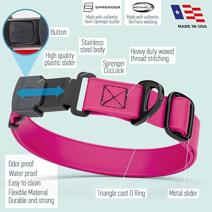 Dogline Biothane Waterproof Dog Collar with Herm Sprenger Stainless Steel Quick Release Buckle – Heavy Duty Tactical Durable Collar for Dogs – Comfortable and Safe Pet Collar, W 1" L 15-25", Magenta