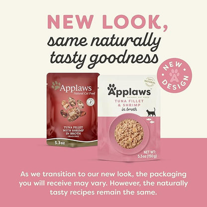 Applaws Natural Wet Cat Food in Broth, Limited Ingredient Wet Cat Food Pouches, No Additives, Made with Natural Ingredients, Tuna Fillet with Shrimp in Broth (12 x 5.3oz Pouches)