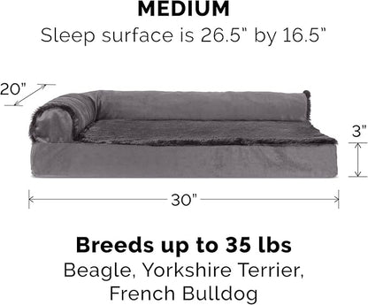 Furhaven Cooling Gel Dog Bed for Medium/Small Dogs w/ Removable Bolsters & Washable Cover, For Dogs Up to 35 lbs - Plush & Velvet L Shaped Chaise - Platinum Gray, Medium