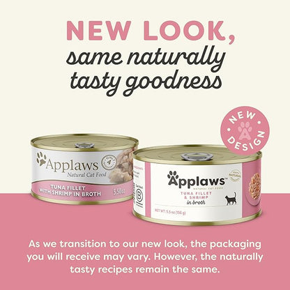Applaws Natural Wet Cat Food in Broth, Limited Ingredient Canned Wet Cat Food, No Additives, Made with Natural Ingredients, Tuna Fillet & Shrimp in Broth (6 x 5.5oz Cans)