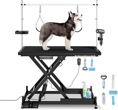 Electric Pet Grooming Table for Large Dogs - Professional Heavy Duty Height Adjustable Pet Grooming Station with Anti Slip Tabletop, Two Nooses & Tool Organizer, Maximum Capacity Up to 250 lbs Black