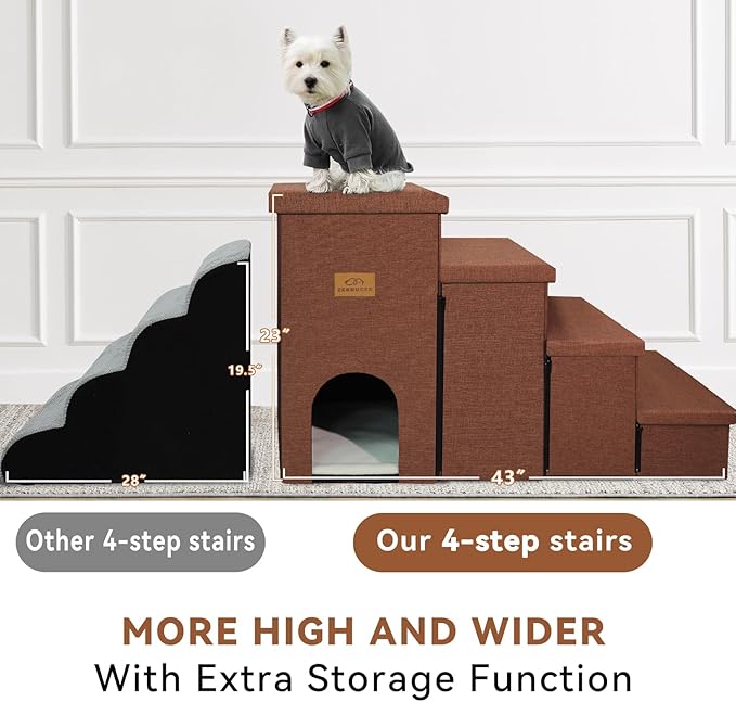 Dog Stairs with Condo 23" H, 4-Step Wider Dog Steps for High Beds Window, Folding Storage Pet Stairs Gift for Small/Medium/Large Old Dogs Cats, Ramp for Climbing Car Hold Up to 200 lbs, Brown