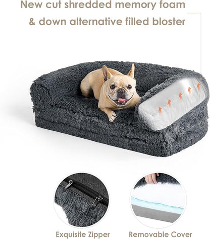EHEYCIGA Foldable XL Dog Bed, Faux Fur Fluffy Pet Couch Bed for Large Dogs, Orthopedic Calming Memory Foam Big Pet Bed, Washable Soft Pet Sofa Bed with Non-Slip Bottom, Dark Grey, 46"x34"x6.5"
