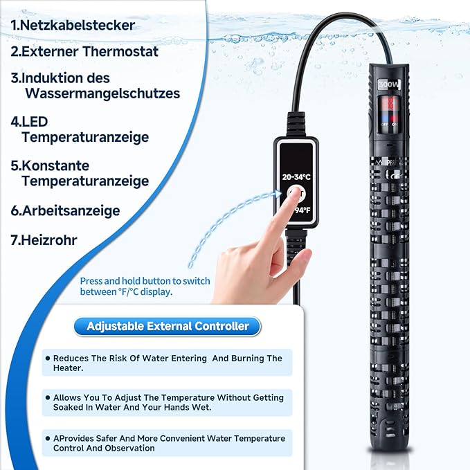 Aquarium Heater Submersible Fish Tank 500W& Turtle Tank Heater with External Adjustment Controller, Included Thermometer, LED Display, Overheat Protection, Detachable Cover, for Saltwater&Freshwater