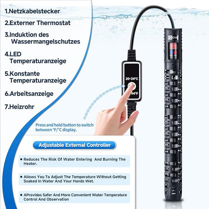 Aquarium Heater Submersible Fish Tank 50W& Turtle Tank Heater with External Adjustment Controller, Included Thermometer, LED Display, Overheat Protection, Detachable Cover, for Saltwater&Freshwater