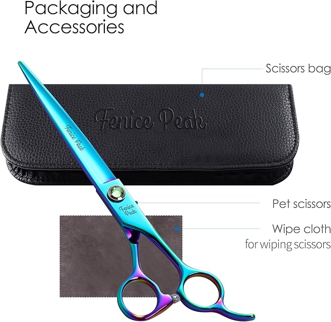 Fenice Peak 7.5'' Green Straight Dog Grooming Scissors Pet Shears with Ergonomic Offest Handle and Simulated Emerald Screw 440C Grooming Scissors Trimming Shears Durable and Sharp