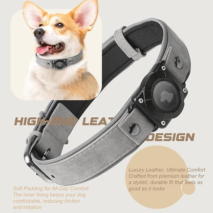 AirTag Dog Collar - Leather Dog Collar with Air Tag Holder | IPX8 Waterproof, Reflective, High - End, Adjustable Soft Padded | Dog GPS Tracker Collars Fit for Medium Large Dogs (Grey, L)