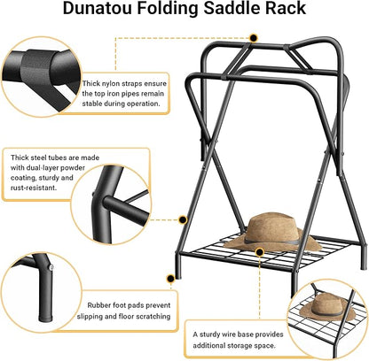 Dunatou Saddle Rack Freestanding Saddle Stand Foldable Horse Saddle Storage Rack Full Size Saddle Pad Rack Horse Blanket Holder Heavy Duty Saddle Holder for English and Western Horse Saddles, Black