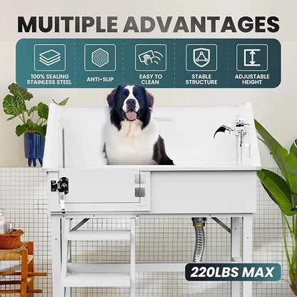 38" Dog Washing Station, Professional Stainless Steel Dog Bathing Station Dog Bathtub for Large & Medium Dog, Height Adjustable Dog Grooming Tub with Storage Basket, Movable Stair (Left Stair)