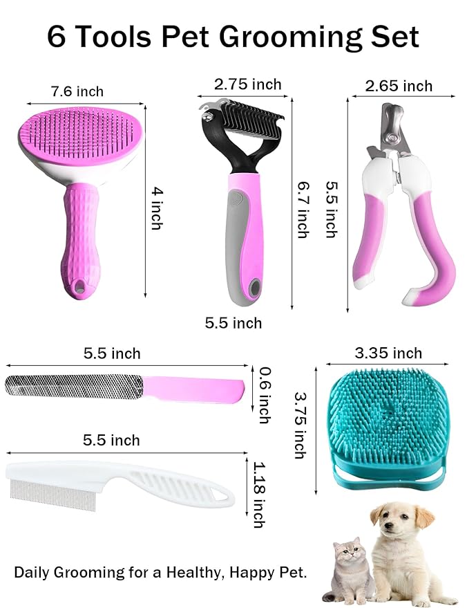 6ps Dog Cat Brush Grooming Kitf, Dog Cat Brushes, Bath Brush, Dematting Rake and Comb, Nail Clipper, Nail File, Flea Comb (Pink 6 Kits)