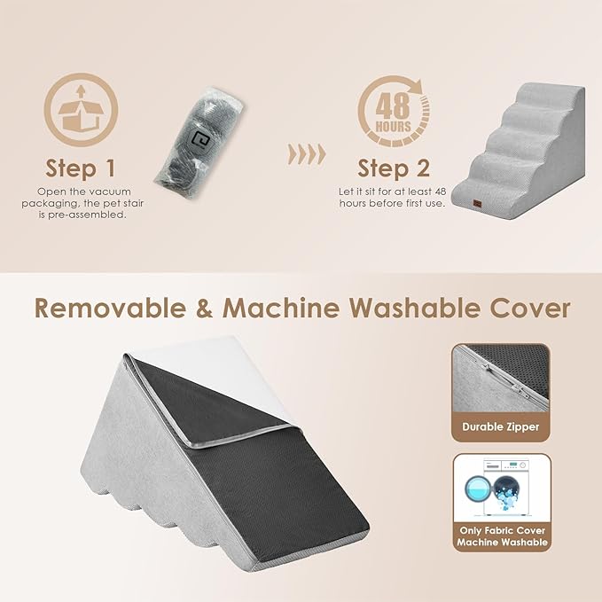 EHEYCIGA Curved Dog Stairs Ramp for High Beds, 5-Step Extra Wide Dog Steps for Small Dogs and Cats, Pet Stairs for High Bed Climbing, Non-Slip Balanced Pet Step Indoor, Light Grey