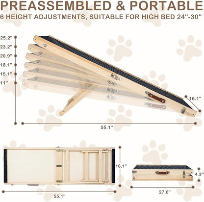 Folding Dog Ramp Safety, Wooden Adjustable Height Pet Ramps, Potable Dog Steps with Non-Slip Traction Mat, Dog Step for Bed, Dogs Stairs for SUV Car, Couch, Safe,Height Bed