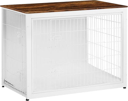 DWANTON Dog Crate Furniture with Cushion, Wooden Kennel Table with Double Doors, Indoor Dog House, Extra Large Size, 43.3" L, White+Rustic Brown