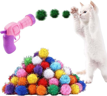 102Pcs Cat Toy Gun Launcher - 100 Sparkle Pom Pom Balls and 2 Ball Launchers, Interactive Fetch Toy Shooter for Indoor Cats and Kitty