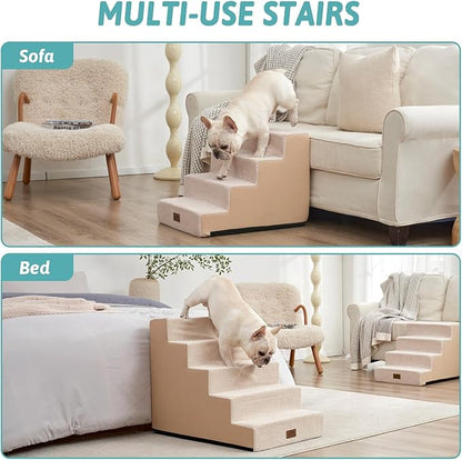 Dog Stairs for Small Dogs, 5 Tier Wider Pet Stairs for High Beds, 23.6" H Non-Slip Dog Steps for Old Cats, Puppies, Small Medium Dogs, 29.5x19.7x23.6 inch, Beige