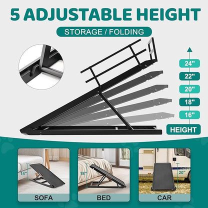 Dog Ramp for Bed, Adjustable Pet Ramps for Dog to Get on Bed, Non-Slip Rubber Surface - Folding Wooden Dog Ramp for Small/Large/Old Dogs, Adjustable up to 23.5 inch High Beds, Safety Railings