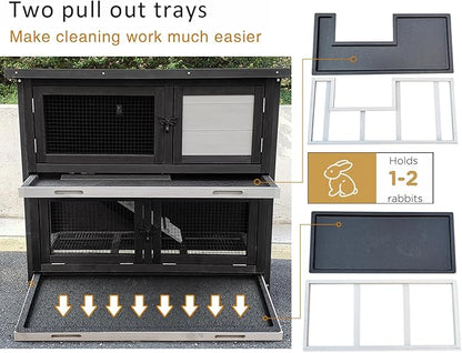 Double Level Solid Wood Rabbit Hutch Small Animal Cage for Rabbits, Guinea Pigs, Hedgehogs & Lizards Indoor/Outdoor– 2-Tier Eco-Friendly Habitat with Bedding Area, Durable & Easy to Clean