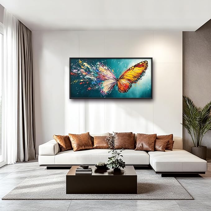 Extra Large Framed Abstract Butterfly Wall Art,Colorful Graffiti Wall Decor,Splashing Wings Pictures for Living Room,Canvas Print Painting Modern Artwork Bedroom Office Bathroom Home Decor 60L x30W
