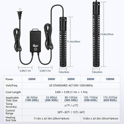 AQQA Aquarium Heater,Submersible Fish Tank Heater 59-93°F/15-34°C External Controller,Rapid Heating,Ultra-high Temperature Protection,Automatic Power-Off When Leaving Water (200W for 26-53 Gallon)