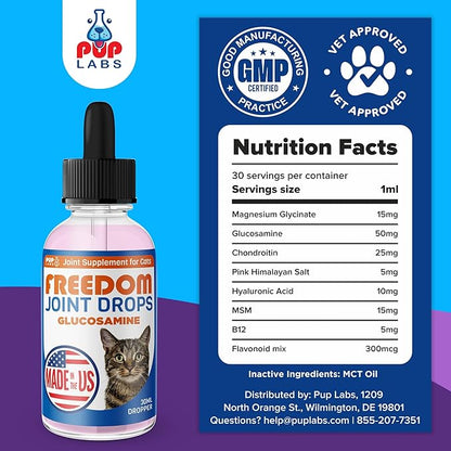 Freedom Joint Drops for Cats with Hyaluronic Acid, MSM, Glucosamine, & Chondroitin, All Natural Cat Joint Supplement for Mobility, Powerful Glucosamine for Cats, Cat Pain Relief, 30ml Dropper